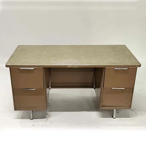 Vintage Mid-Century Light Brown 4- Drawer Tanker Desk
