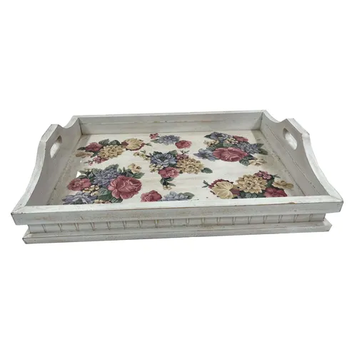 White Wooden Floral Pattern Tray - TR424