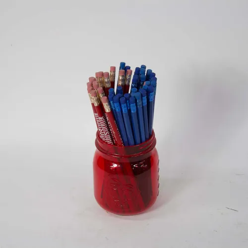 Red Glass Pen Cup with Red & Blue Pencils - KDA563