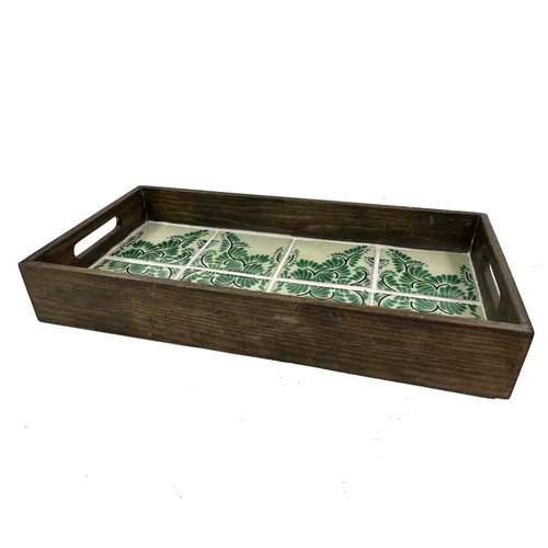 Wood Tray with Green & White Tiles - TR400
