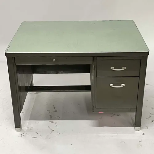 Vintage Mid-Century 2-Drawer Dark Gray & Mint Green Tanker Desk