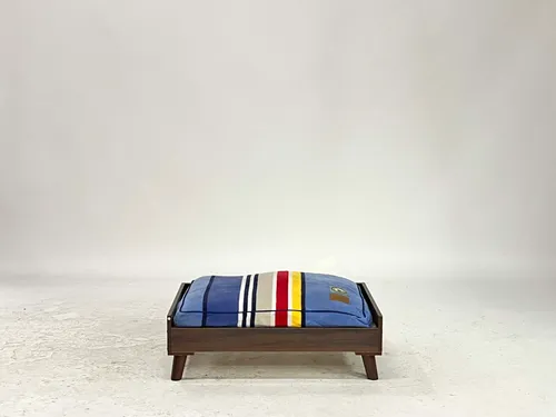 Dark Brown Wood Dog Bed with Red Yellow & Blue Striped Cushion