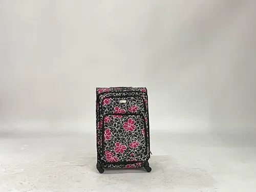 Black White & Magenta Pink Floral 3-Pocket Rolling Suitcase