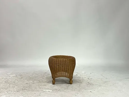 Vintage 1970's Natural Woven Rattan Footstool Ottoman