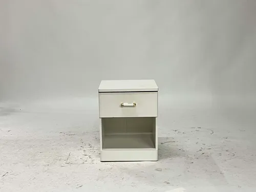 White Laminate 1-Drawer Nightstand with Gold & White Pull
