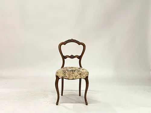 Antique Victorian Beige Floral Upholstered Balloon Back Side Chair