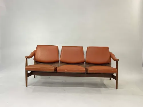 Midcentury Modern Orange Leather 3-Seater Bench