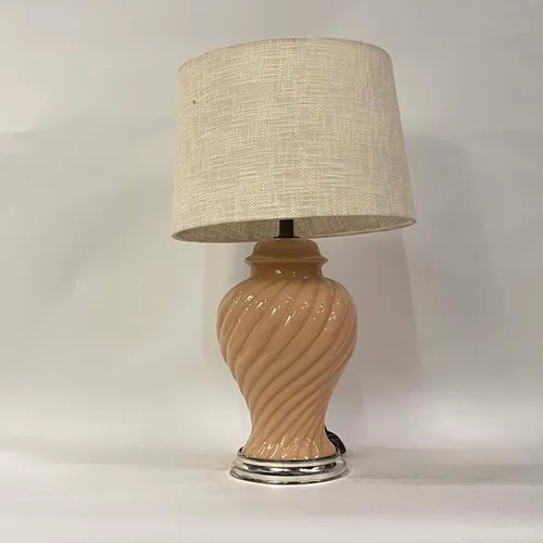1980s Peach Glass Swirl Table Lamp with Woven Shade - LI308