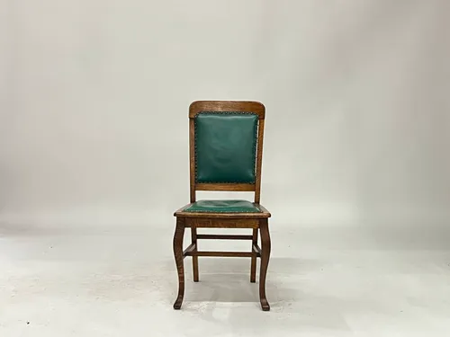 Antique Oak & Green Leather Studded Side Chair