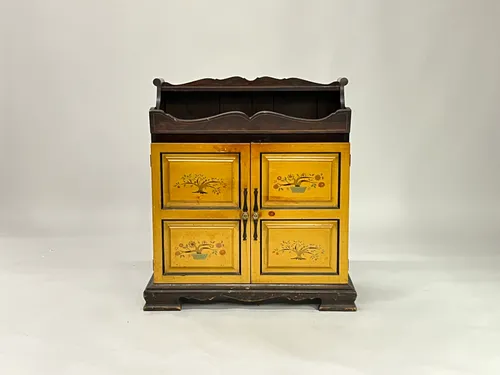Antique Brown & Gold Stained Wood Bar Cabinet with Tree Painted Doors