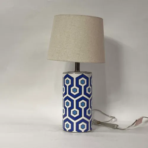 White & Blue Hexagon Pattern Table Lamp with Beige Shade - LI120