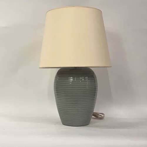 Blue Gray Ribbed Ceramic Table Lamp with Cream Shade - LI313