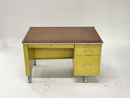 Vintage Mid-Century Yellow & Brown 2- Drawer Tanker Desk