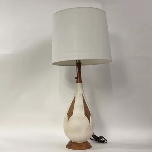 Tall Mid-Century Modern Ceramic Table Lamp with Wood Inlay - LI227