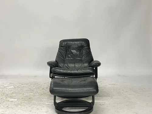 Vintage Black Leather Lounge Chair & Ottoman
