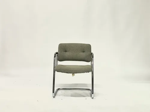 Mid-Century Modern Tubular Chrome Gray Upholstered Arm Chair