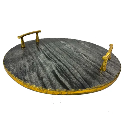 Gray Marble & Gold Round Tray - TR407