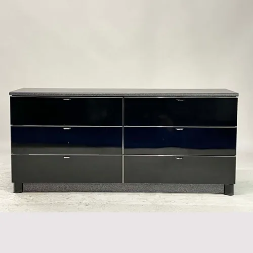 Contemporary Black Glossy Lacquer & Faux Gray Marble 6-Drawer Dresser