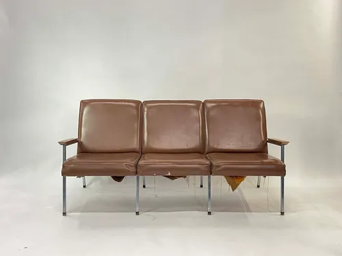Brown Leather 3-Seater Bench with Wood Arms