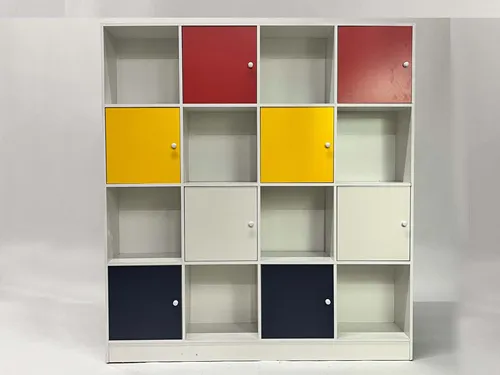 White Cubby Cabinet Bookcase with Red Yellow & Navy Blue Doors