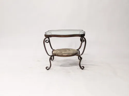 Antique French Iron Marble & Glass End Table