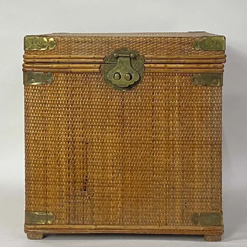 Vintage Brass & Bamboo Woven Chest With Wooden Interior - BSKT90