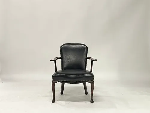 Antique Black Leather Studded Spoon Back Open Armchair on Cabriole Legs