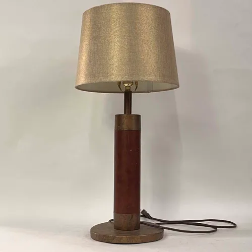Bronze & Wood Pillar Table Lamp with Gold Shade - LI323