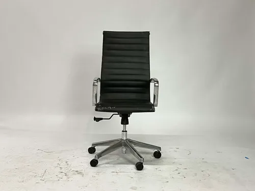 Distressed Black Ribbed Leather & Chrome Office Chair