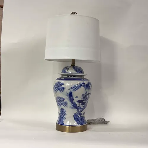 Blue & White Chinese Vase Table Lamp with Brass Base & White Shade - LI164