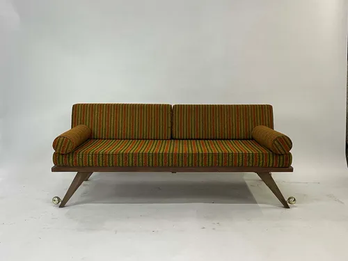 Vintage Midcentury Modern Orange Green Striped Daybed Sofa