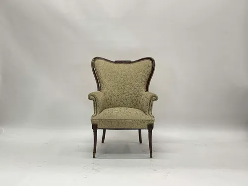 Moss Green Floral Wingback Chair with Brass Studs