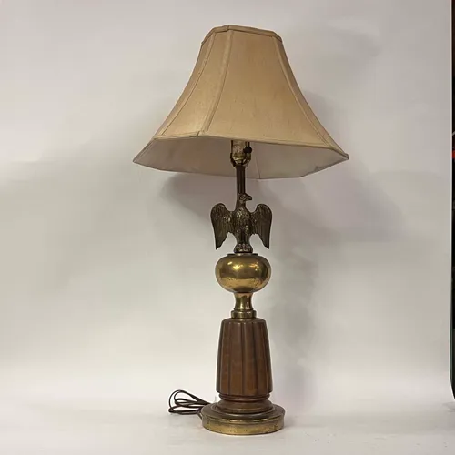 Vintage Brass & Wood Bald Eagle Table Lamp with Beige Shade - LI163