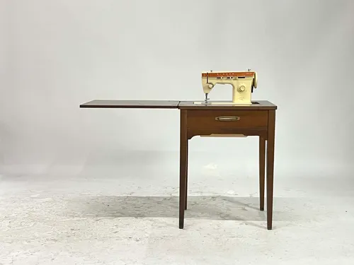 Antique Mid-Century Modern Walnut Side Table with Beige Singer Sewing Machine