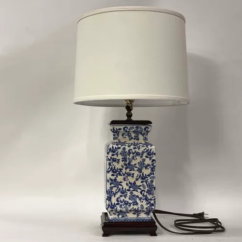 Blue & White Square Chinese Vase Table Lamp with Wood Base & White Shade - LI204