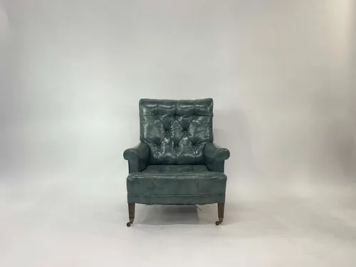 Tufted Teal Leather Armchair on Casters