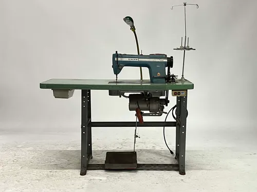 1960's Green Singer Industrial Sewing Machine Table with Light & Motor