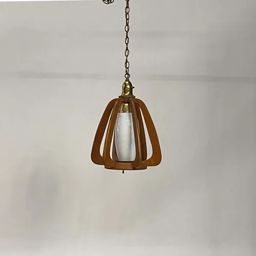 Mid-Century Walnut & Brass Pendant with White Glass Shade - LI456