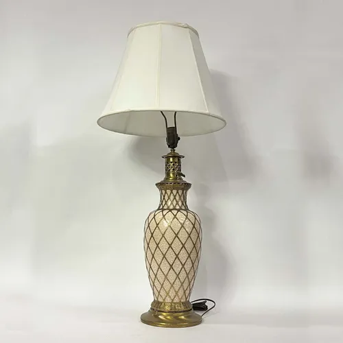 Antique Cream Crackled Ceramic & Brass Table Lamp with White Shade - LI73