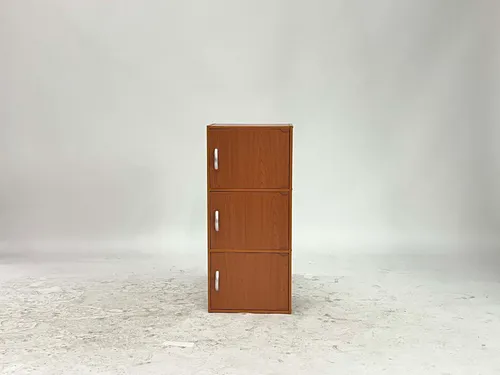 Cherry Wood Veneer 3-Door Cabinet with Silver Handles