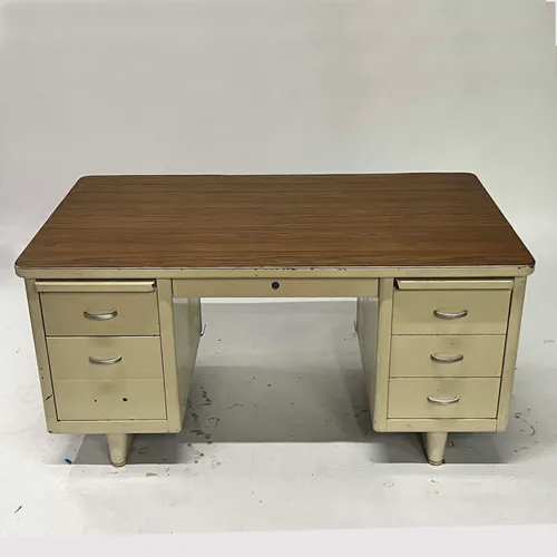 Vintage Mid-Century Beige & Wood Veneer 5-Drawer Tanker Desk