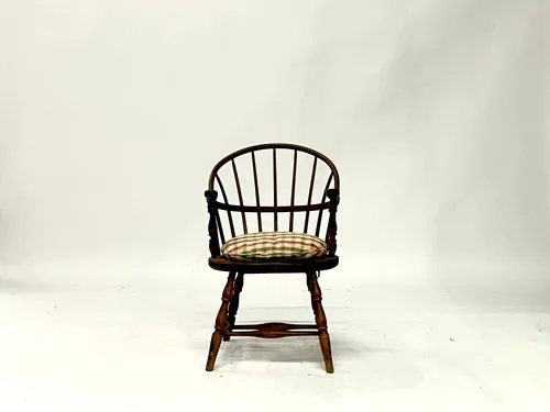 Wood Barrel Back Windsor Armchair with Plaid Seat Cushion