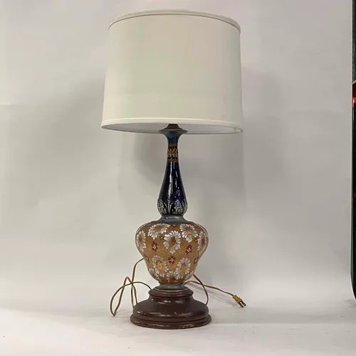 Vintage Navy & Orange Floral Ceramic Table Lamp with White Shade - LI322