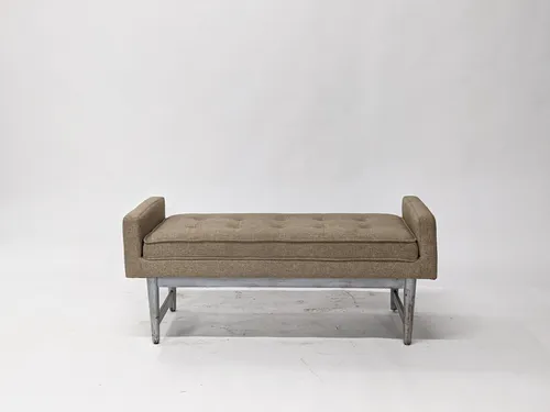 Beige Upholstered Mid Century Bench with Arms