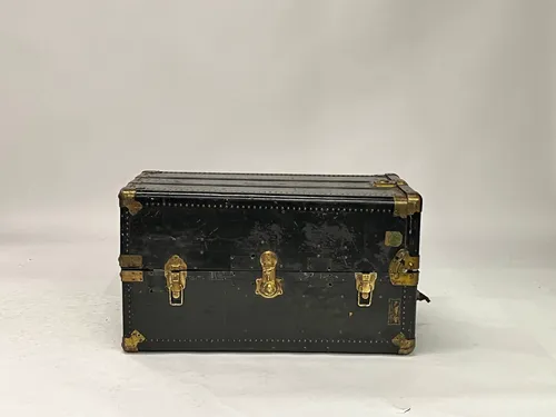 Antique Black & Brass Studded Lockable Steamer Trunk