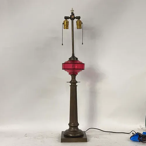 Antique Brass & Red Glass 2-Light Table Lamp - LI587