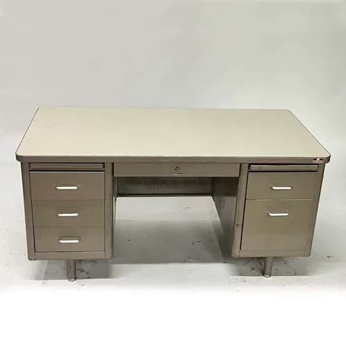 Vintage Mid-Century Light Brown & Ivory 5-Drawer Tanker Desk
