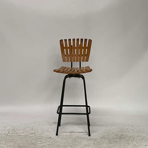 Wood Slat & Black Metal Bar Stool - SE3019