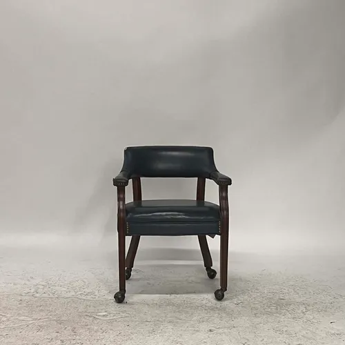 Navy Leather Barrelback Chair with Brass Studs & Casters - SE2976