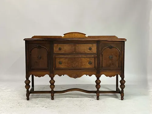 1920s Antique Walnut 2-Drawer 2-Cabinet Buffet with Bronze Pulls